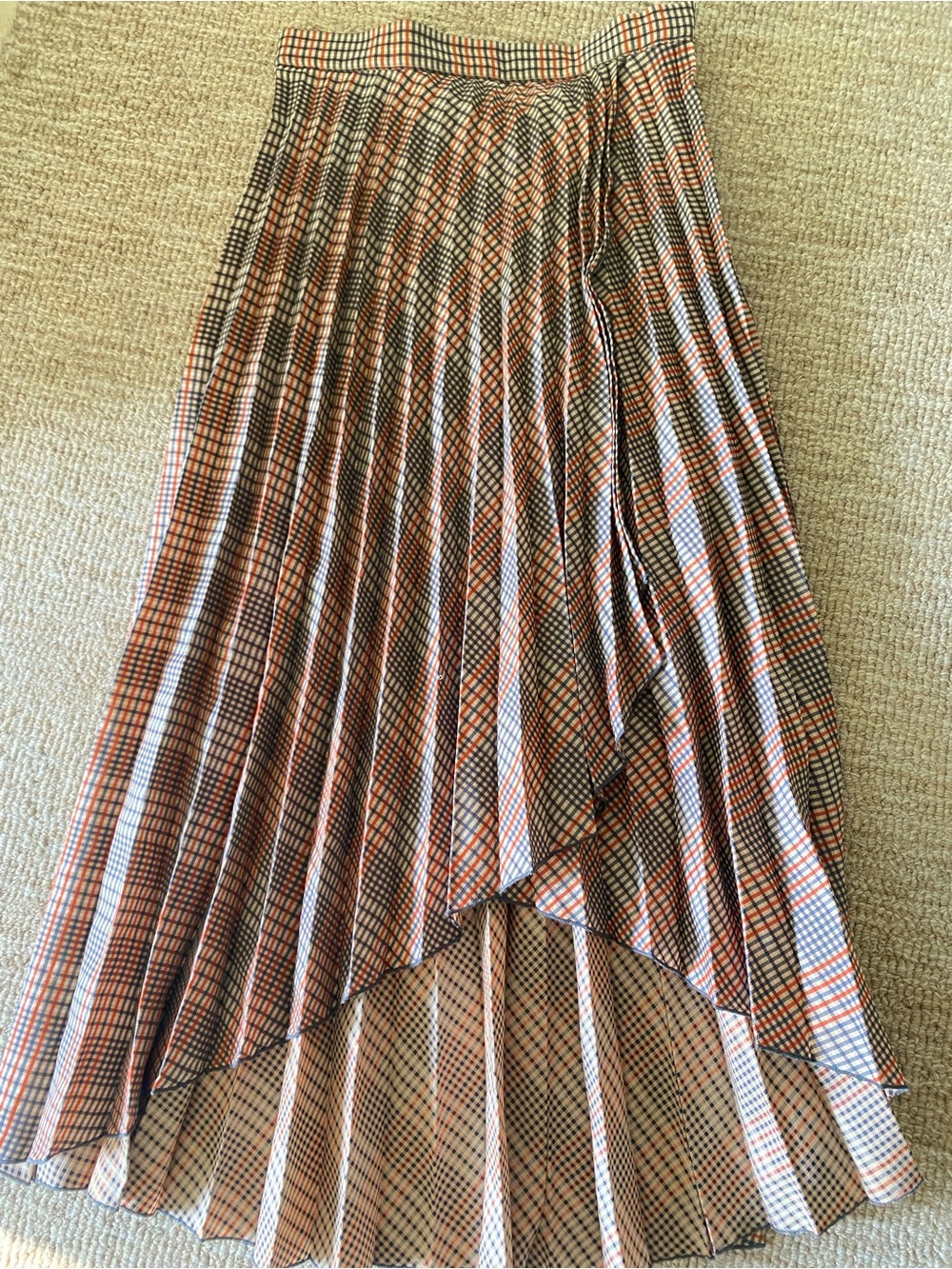 Pleated Plaid Midi Skirt in Orange and Blue, Tan and Cream
